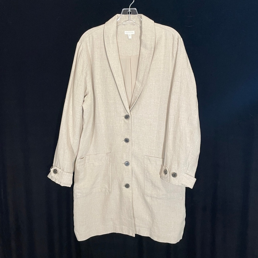 Garnet Hill Linen Duster Jacket Long Trench Blazer Khaki Button Front Neutral L - Picture 2 of 6